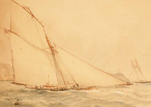 Um Cortador de Oito metros de Velas de Topsail, The Royal Yacht Squadron, c.1860 (aguarela sobre papel) de English School