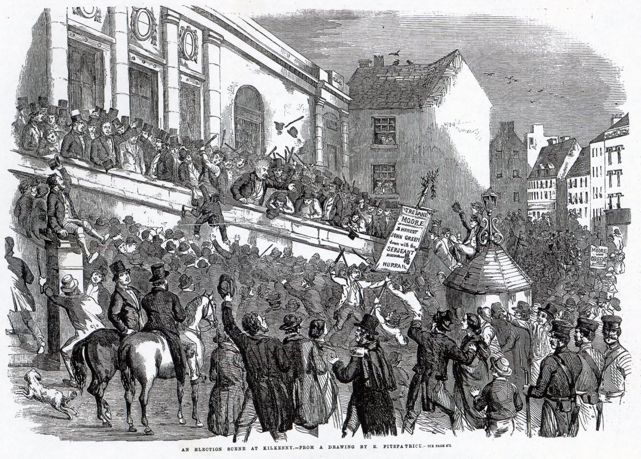 Uma cena de eleição em Kilkenny, ilustração de &39;The Illustrated London News&39;, 14 de maio de 1859 de English School