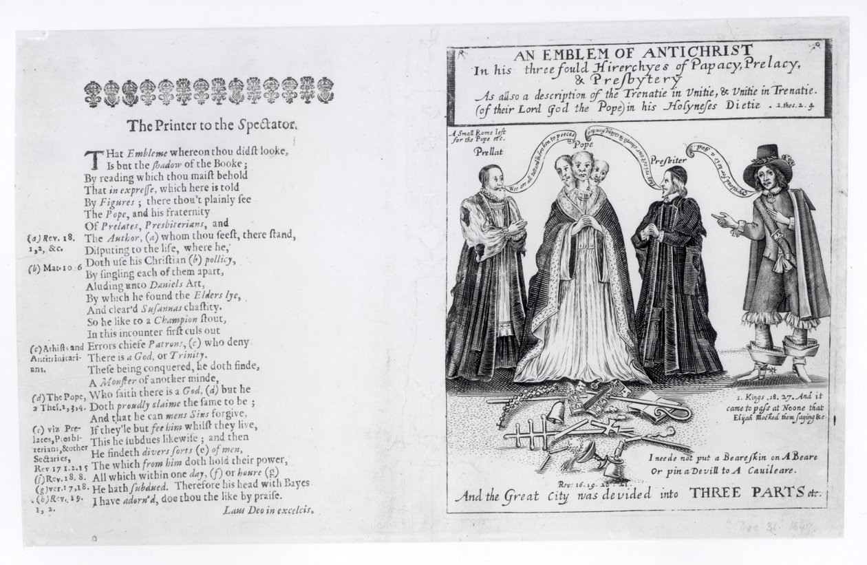 Um Emblema do Anticristo em suas Três Hierarquias do Papado, Prelação e Presbitério, 1649 de English School