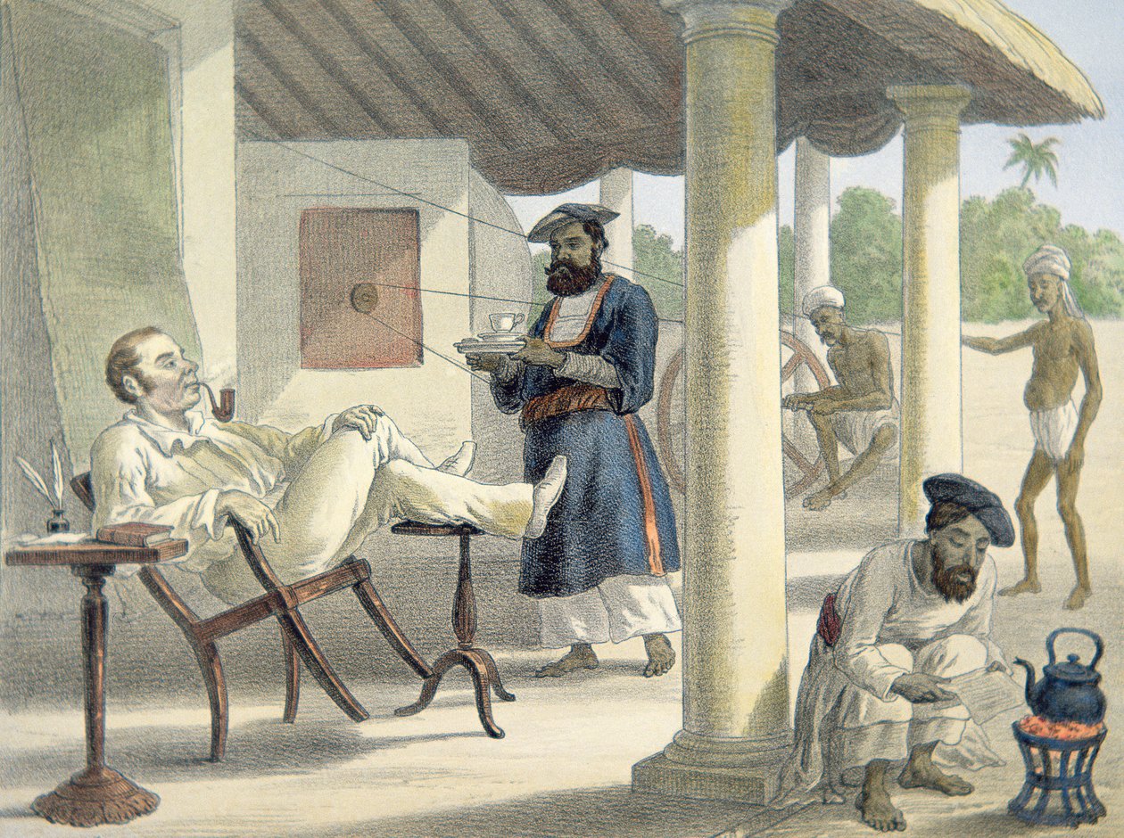 Um Oficial Inglês e seus servos nativos, c.1860 (cor litho) de English School