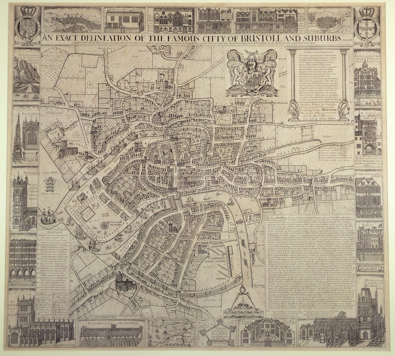 "An Exact Delineation of the Famous City of Bristol and Suburbs", por James Millerd, pub.1673 de English School