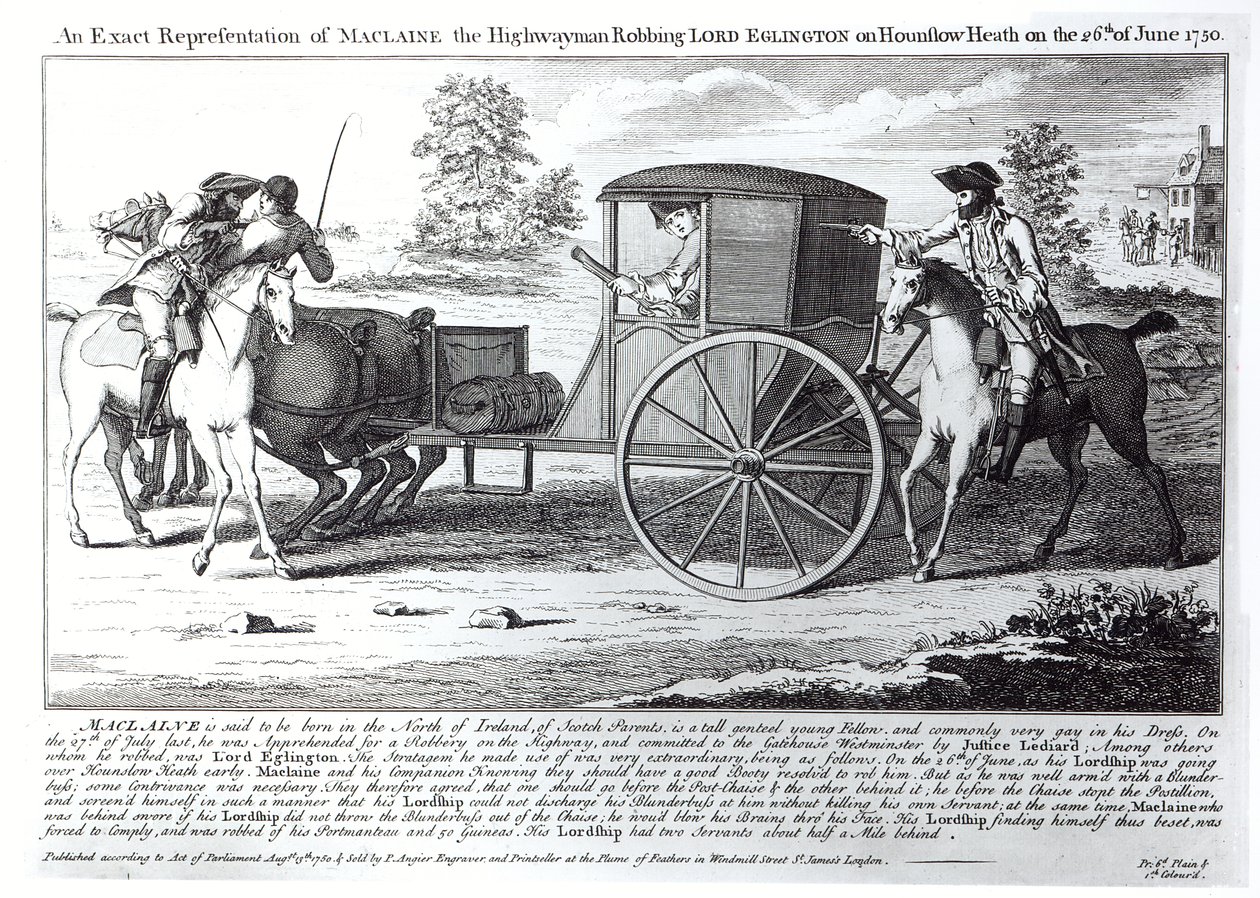 Uma Representação Exata de Maclaine, o ladrão de estradas Robbing Lord Eglington, em Hounslow Heath, no dia 26 de junho de 1750 de English School