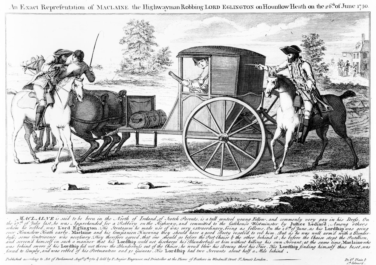 Uma representação exata de Maclaine, o homem da estrada Roubando Lord Eglington em Hounslow Heath em 26 de junho de 1750, impressão feita por Charles Mosley, 1750 de English School
