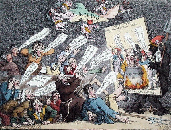 Um Uivo Irlandês, caricatura das repercussões da Revolução Francesa na Irlanda (cor litho) de English School