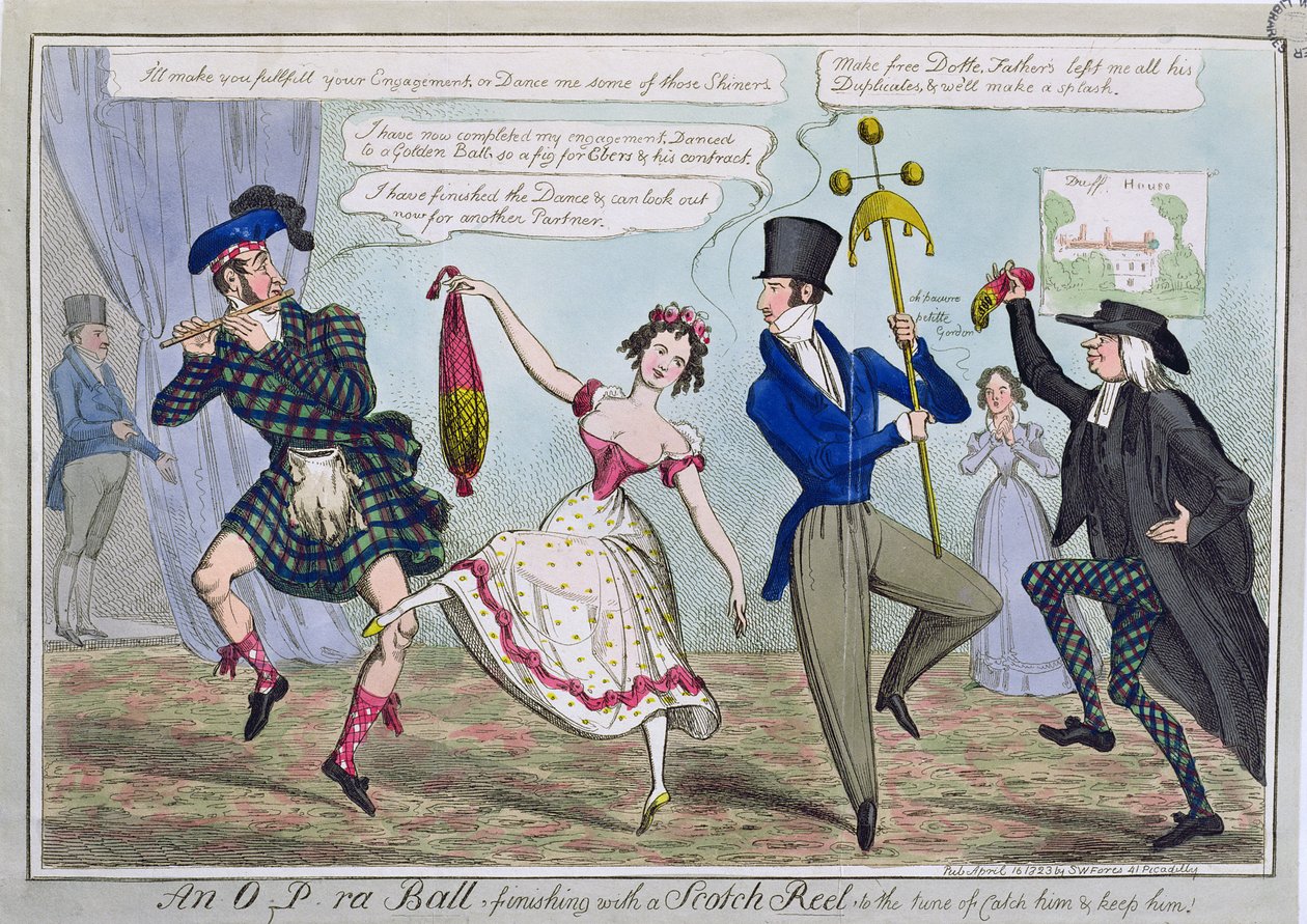 Uma bola OPra, terminando com um carretel escocês ao som de Catch Him and Keep Him, pub. por SW Fores, 1823 (gravura colorida) de English School