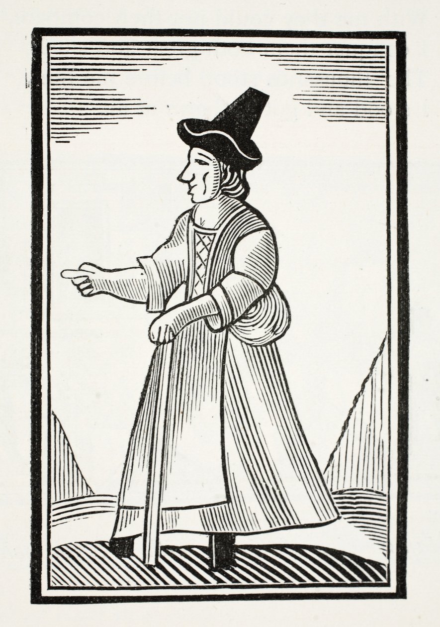 Uma mulher adulta que Scolding em um chapéu alto de Crownd, ilustração dos Chap-livros do século XVIII por John Ashton, bar. 1882 de English School