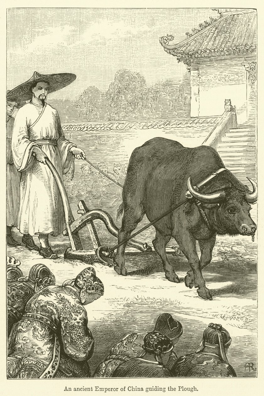 Um antigo imperador da China a guiar o arado (gravura) de English School