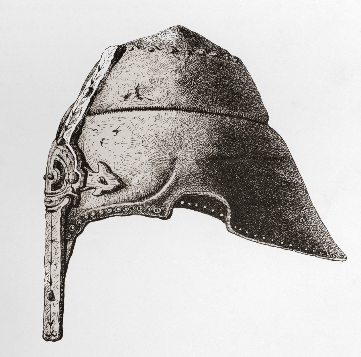 Um Capacete Nasal do início do século XII, do Exército Britânico: As suas Origens, Progresso e Equipamento, publicado em 1868. de English School