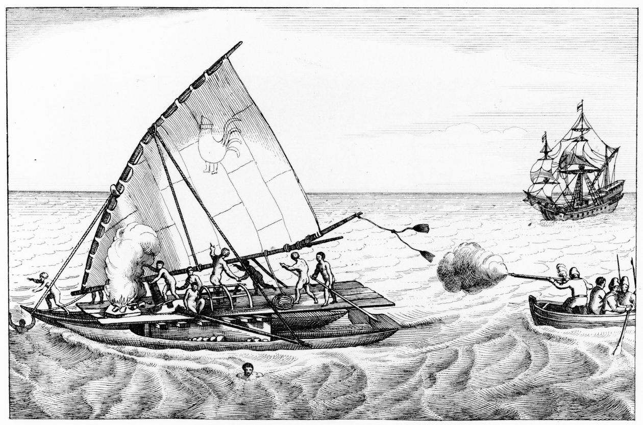 Um incidente durante a circunavegação de Le Maires (c.1585-1616) e Schoutens (c.1567-1625) do mundo em 1615-16, a partir do Volume II da História Cronológica das Viagens e Descobertas no Mar do Sul de English School