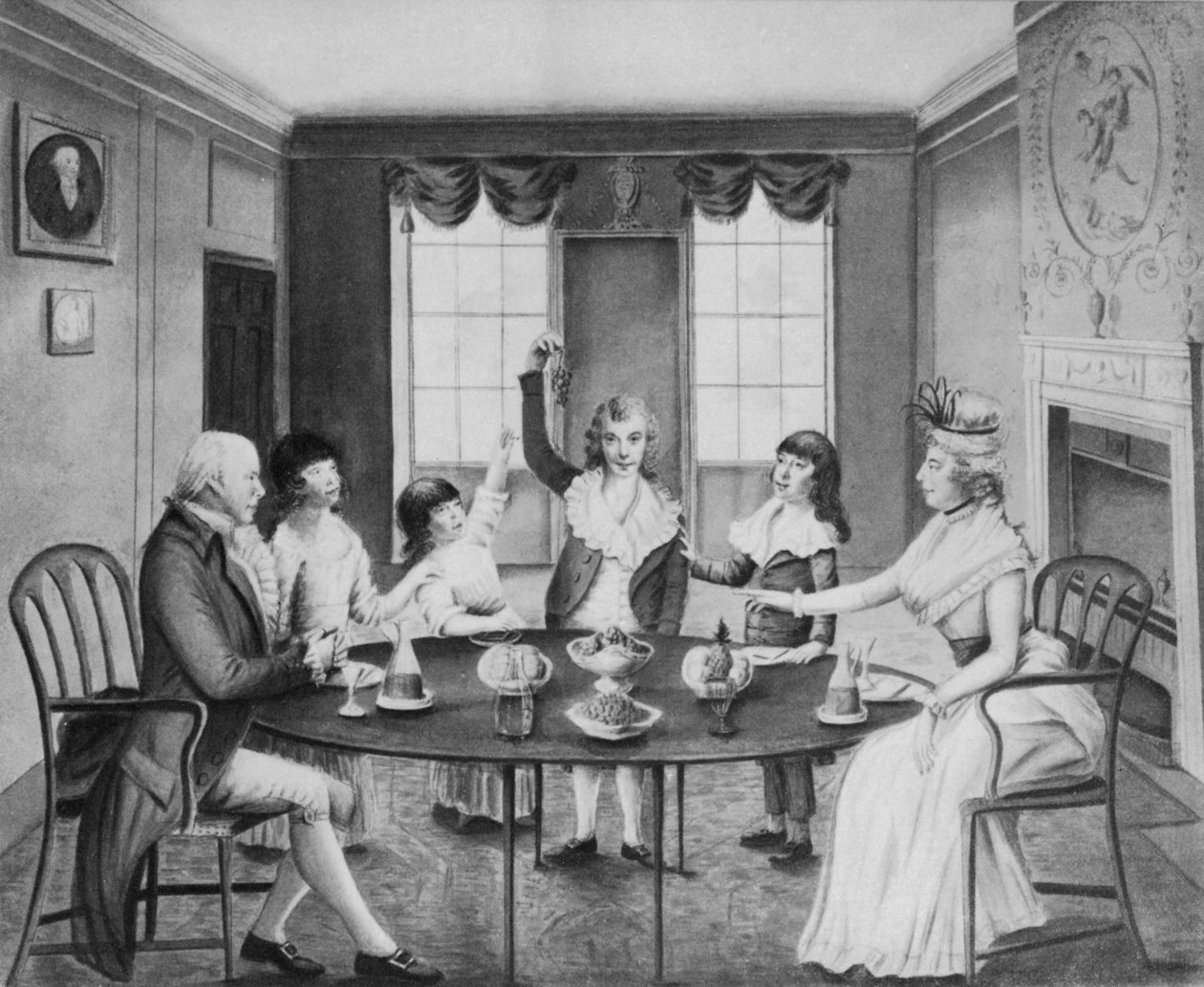 Um interior com uma senhora e um cavalheiro sentados a uma mesa com seus quatro filhos de pé atrás dela, c.1780 de English School