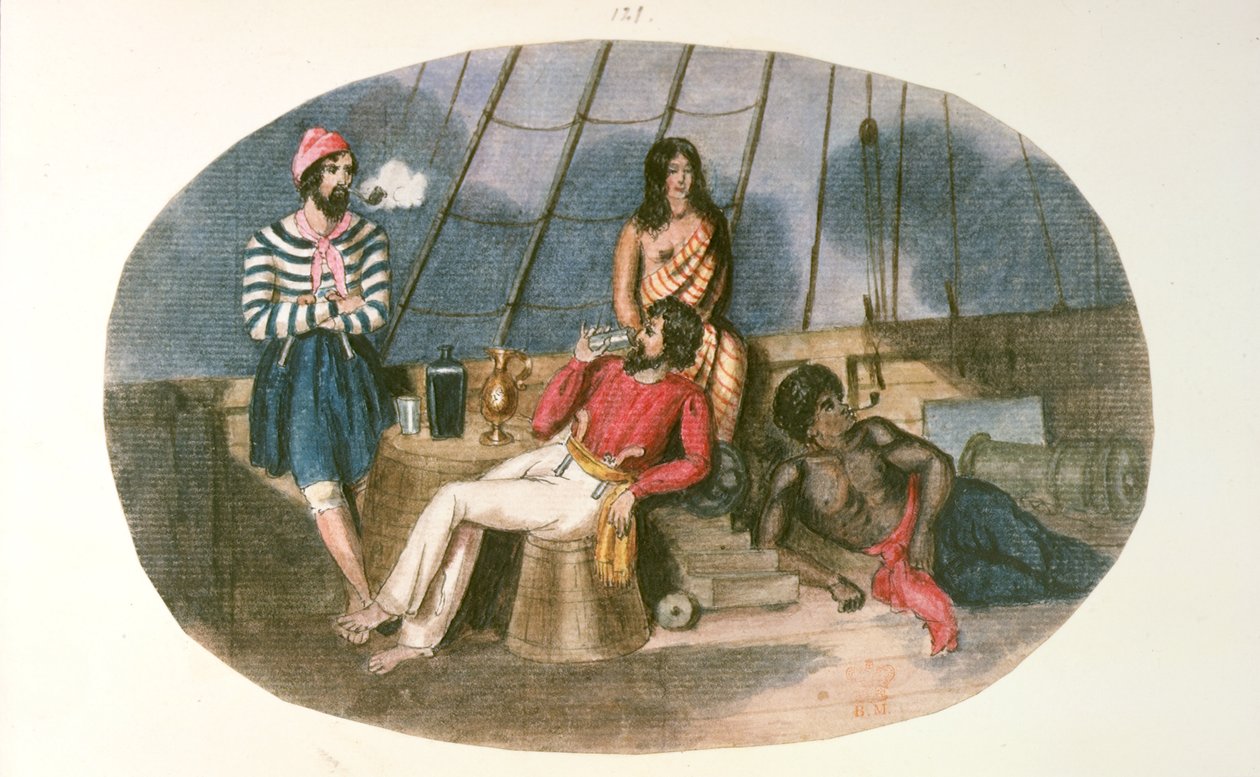 Um oficial e marinheiro com nativos a bordo de um navio, de "Drawings and Sketches in New Zealand", c.1853 (cor litho) de English School