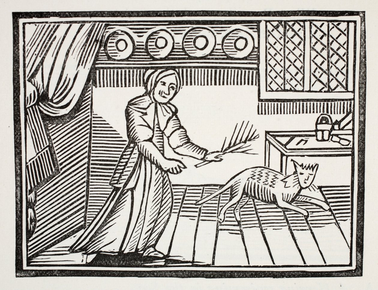 Uma mulher adulta que chicoteia seu gato para ratos de travamento em um domingo, ilustração dos Chapu-livros do século XVIII por John Ashton, bar. 1882 de English School
