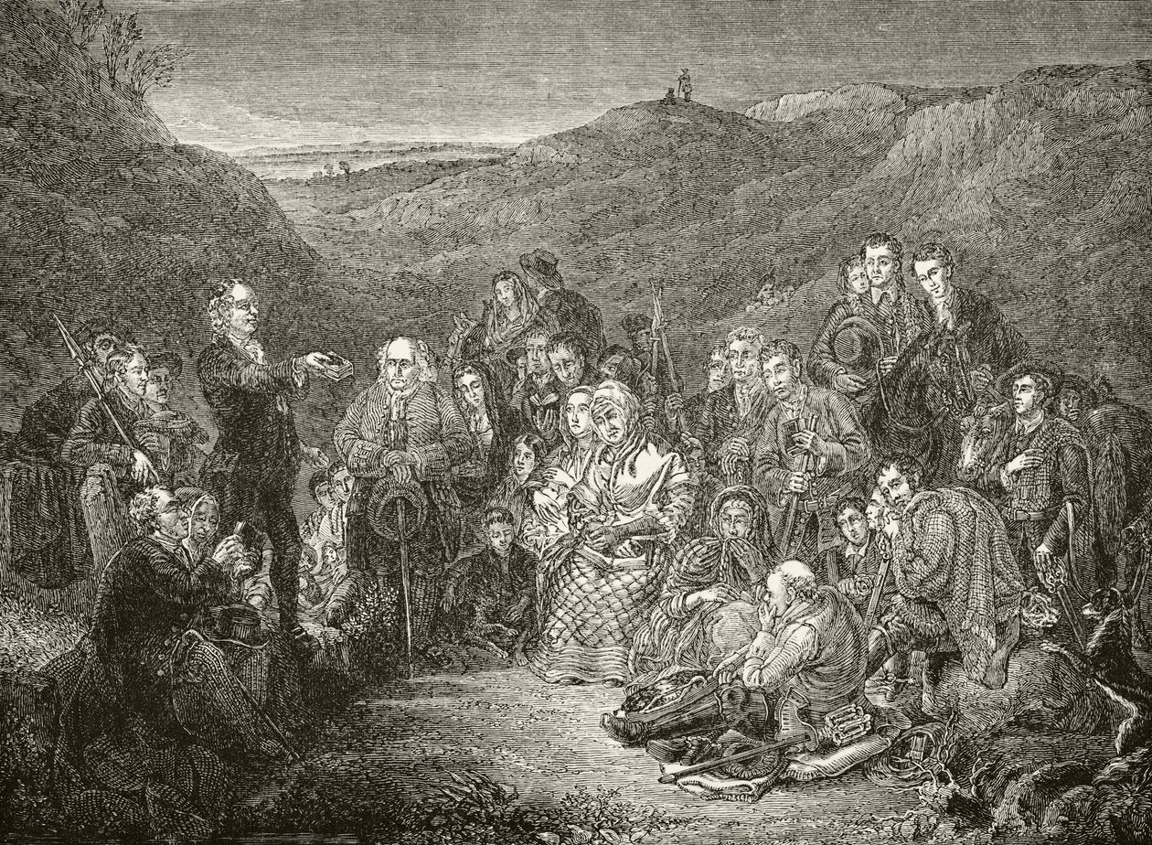 Um encontro ao ar livre de Scottish Covenanters, de "A História Nacional e Nacional da Inglaterra", de William Hickman Smith Aubrey (1858-1916), publicado em Londres, c.1890 de English School