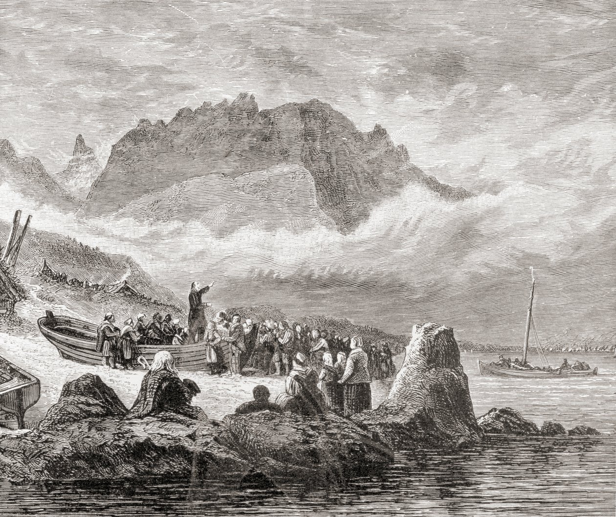 Um serviço ao ar livre na Ilha de Skye, Hébridas Interiores, de "Fotos escocesas desenhadas com caneta e lápis", de Samuel G. Green, publicado em 1886 de English School