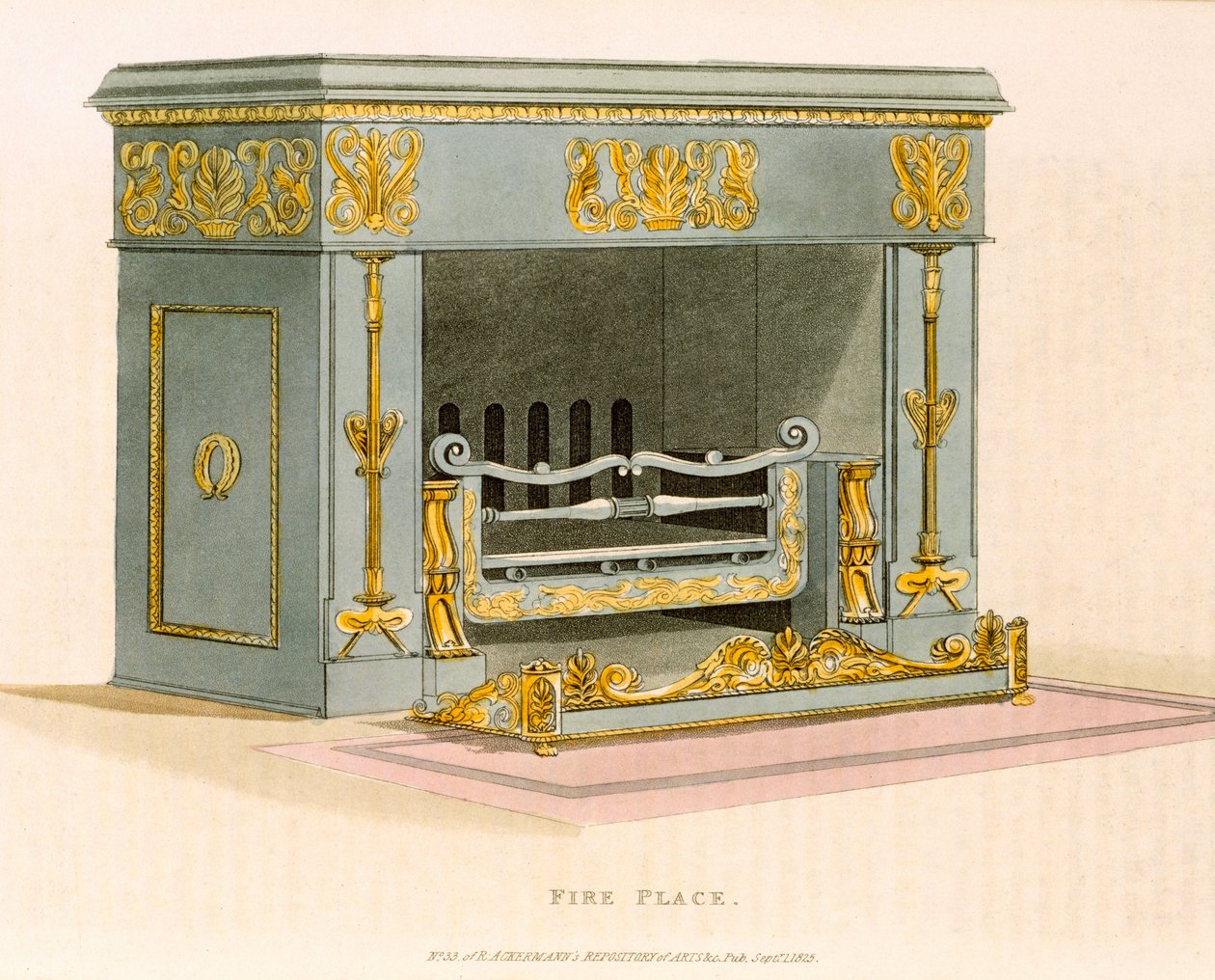 Uma forma de fogão de Ar ornamental Ackermanns Repository of Arts II, em setembro de 1825, gravura de English School