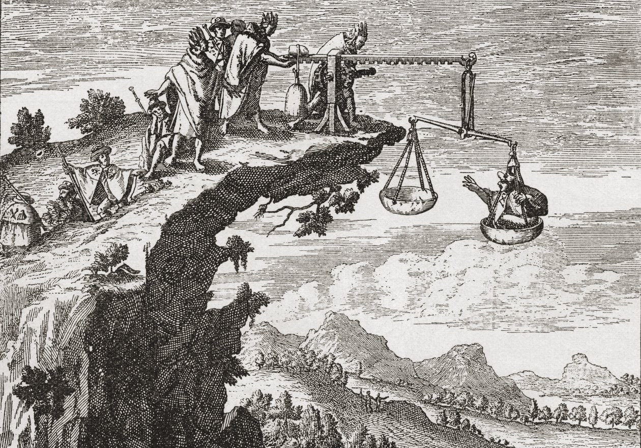 Um método invulgar de extorquir confissões aos criminosos, segundo um desenho do século XVI de Theodorus de Bry. A cena mostra o criminoso sentado na balança da injustiça, enquanto um padre se debruça sobre o precipício pronto a receber a sua confissão. Pr de English School