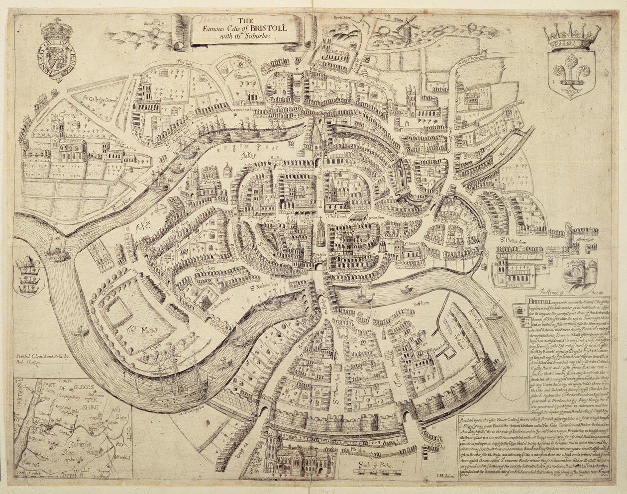 Ancient City Map of Bristol and its Suburbs, impresso, colorido e vendido por Robert Walton de English School