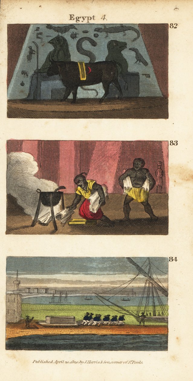 Antigo ídolo egípcio Osíris como um boi 82, Omar, o sarraceno, queimando a biblioteca de Ptolomeu Soter em 642 83, e as tropas de Napoleão trazendo a Tumba de Alexandre 84 de English School