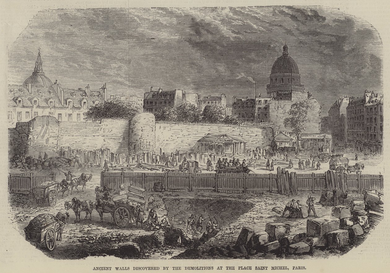 Muralhas antigas descobertas pelas demolições na Praça Saint Michel, Paris (gravura) de English School
