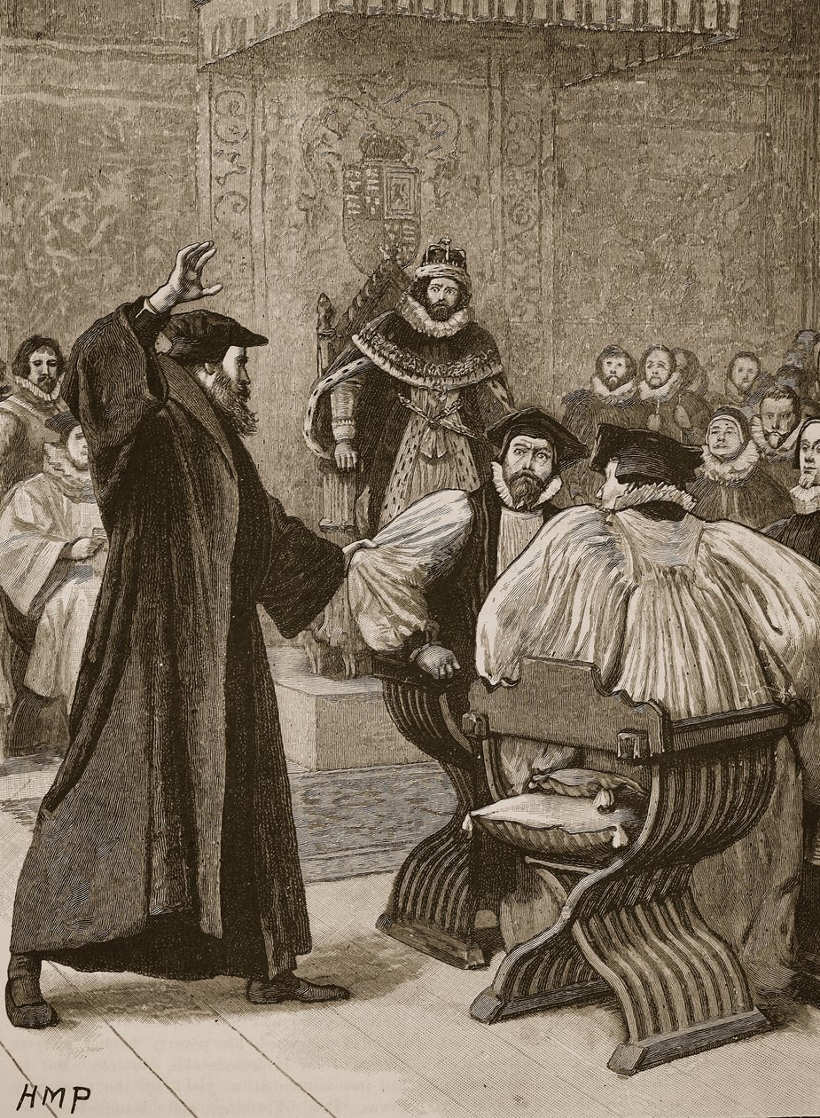 Andrew Melville antes do Conselho Privado escocês, ilustração da história ilustrada de Cassells da Inglaterra (foto sépia) de English School