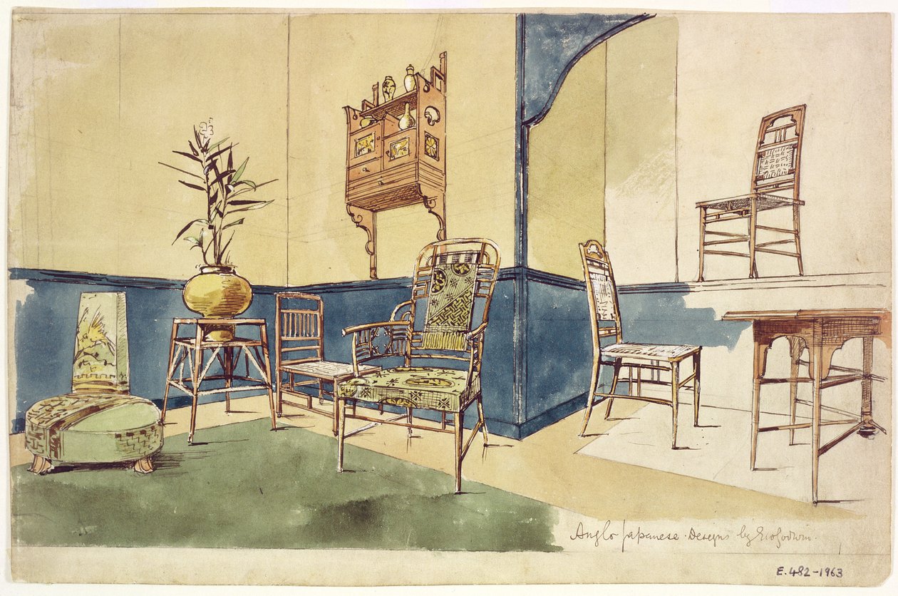 Desenhos de mobília de estilo japonês Anglo por Edward William Godwin (1833-86) c.1860 (wc no papel) de English School