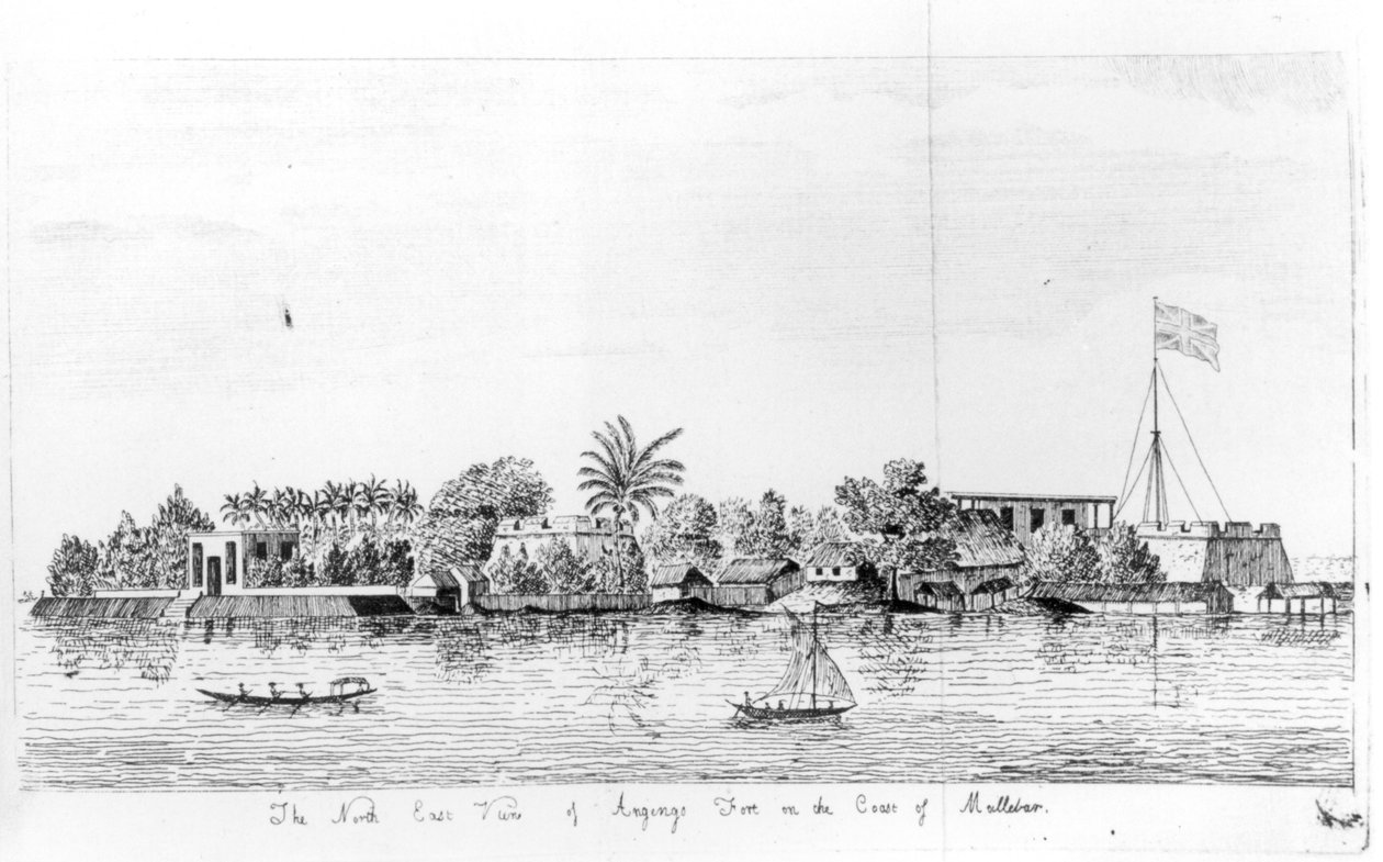 Forte de Anjengo, na costa de Malabar, Índia, de Voyage to the East Indies por John Henry Grose, 2ª edição, publicado em 1766 de English School
