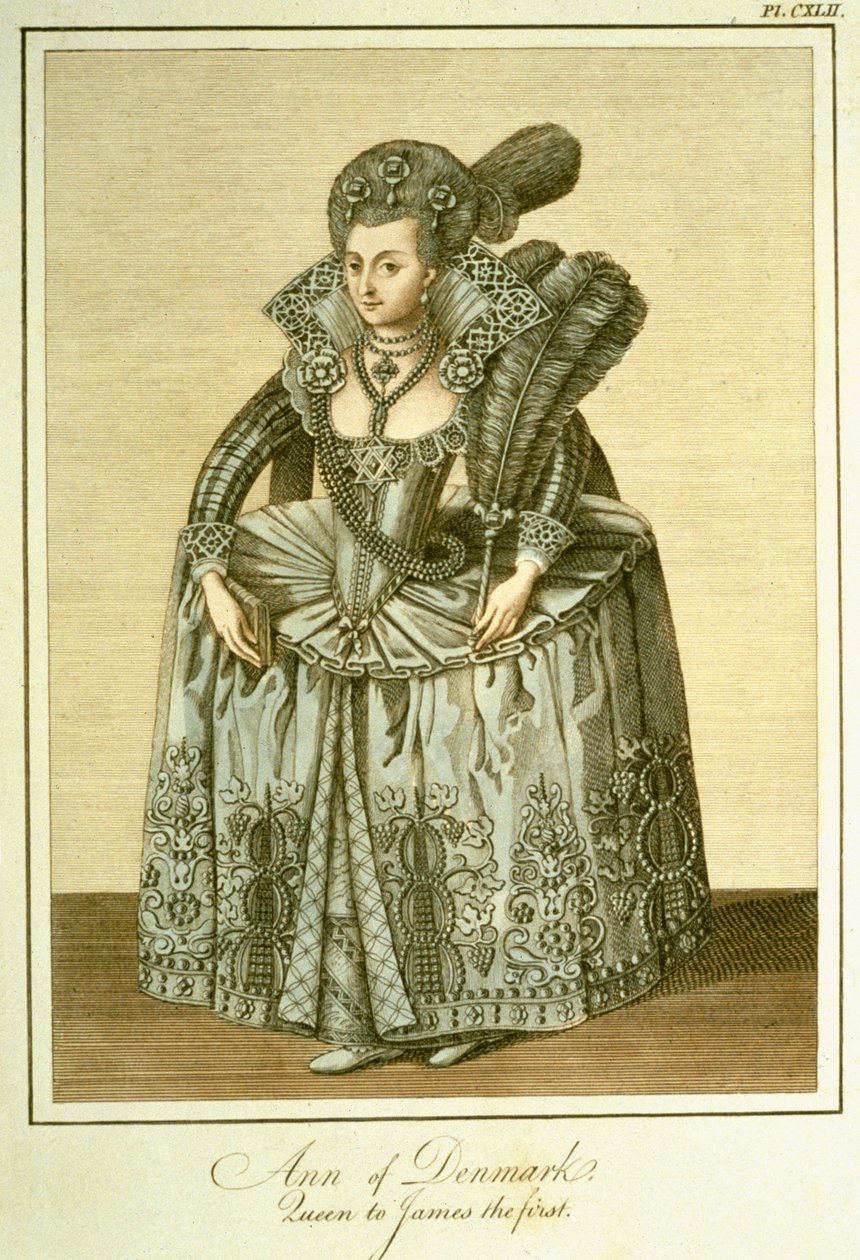 Ana da Dinamarca (1574-1619) esposa de Jaime I, ilustração de A Visão Completa do Traje e Hábitos do Povo da Inglaterra, Volume II, publicada em 1799 de English School