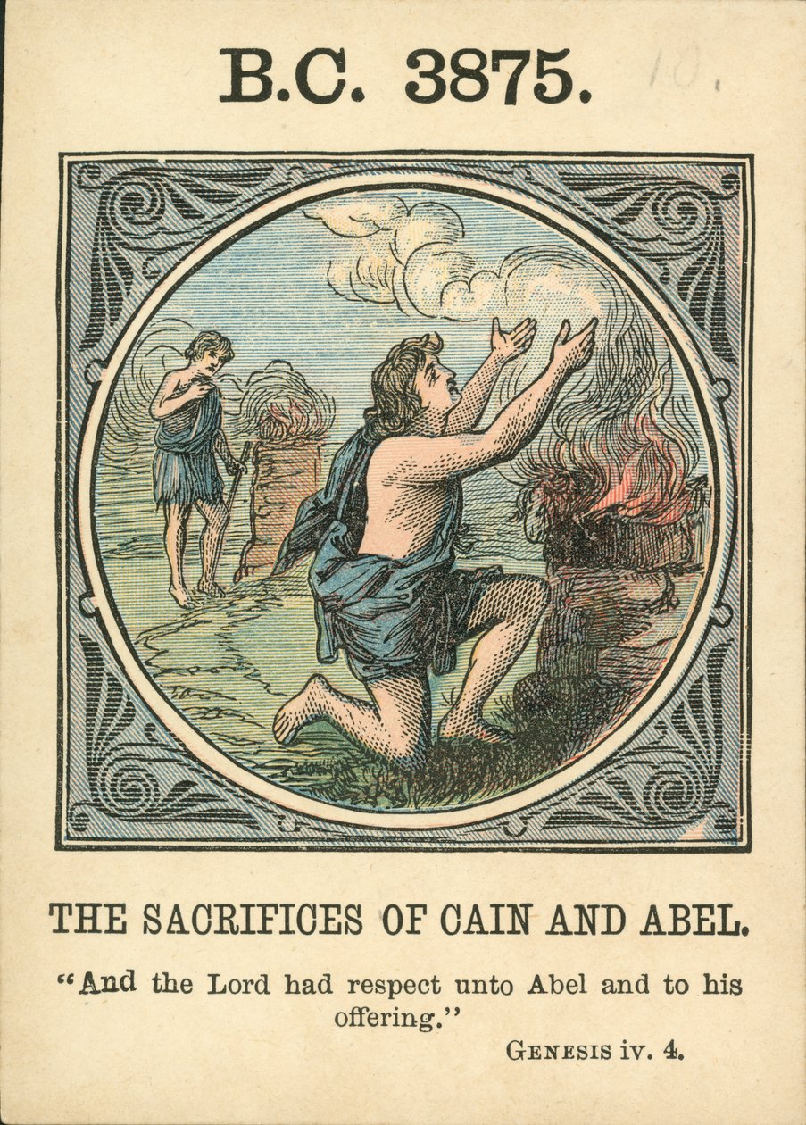 Anno Mundi: BC 3875, Os sacrifícios de Caim e Abel (litografia a cores) de English School