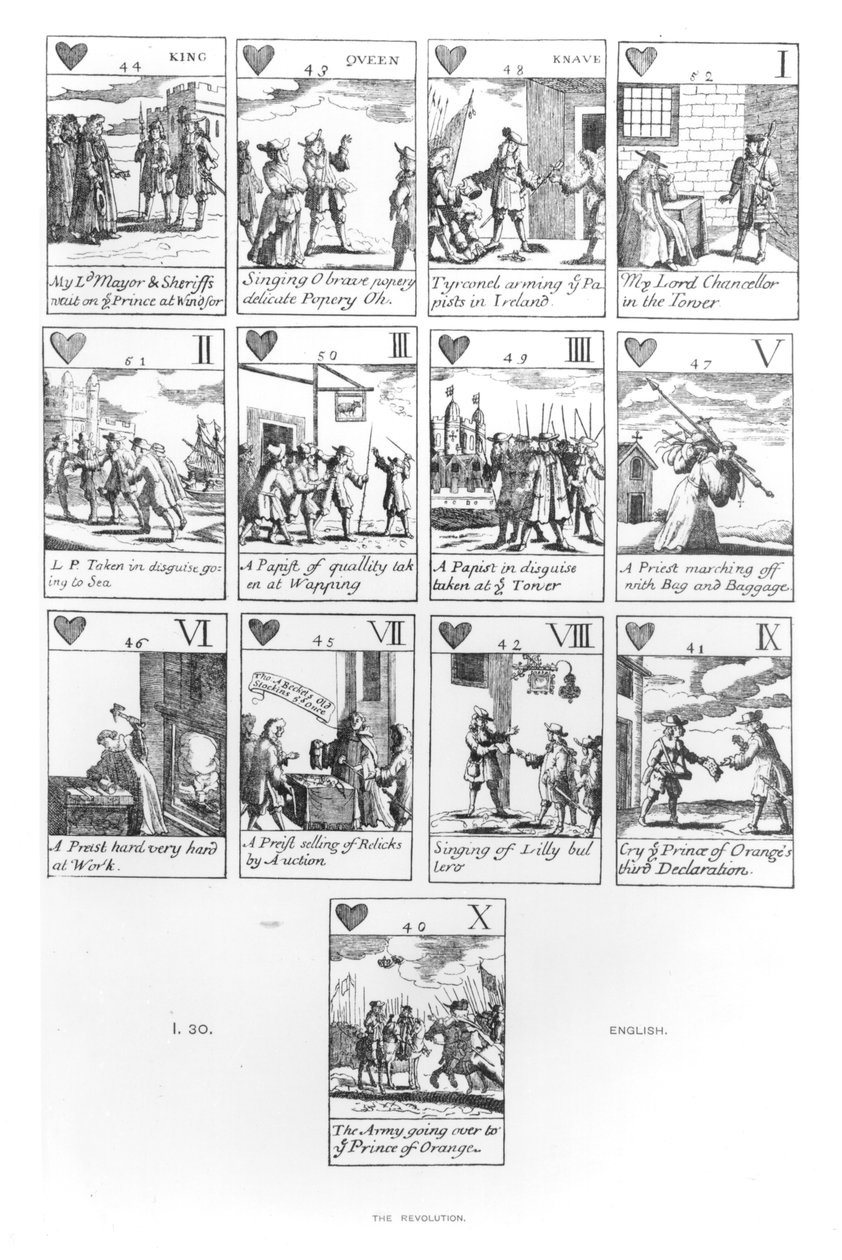 Cartas de baralho anticatólicas comemorativas da Revolução Gloriosa de 1688, naipe do coração de English School