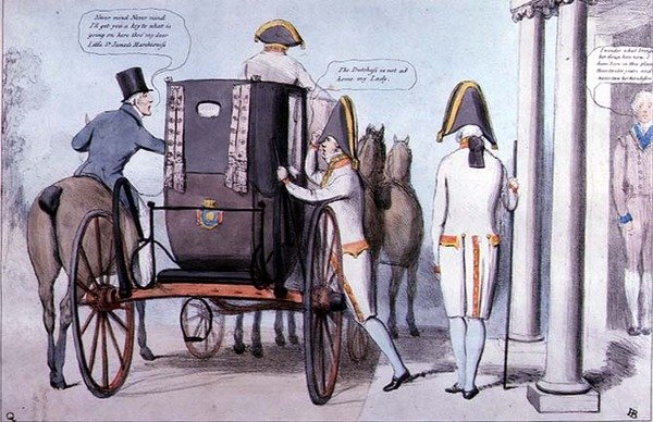 Antecipação ou a visita da Rainha Sarah ao Bushy, pub. 1830 (gravação a cores) de English School