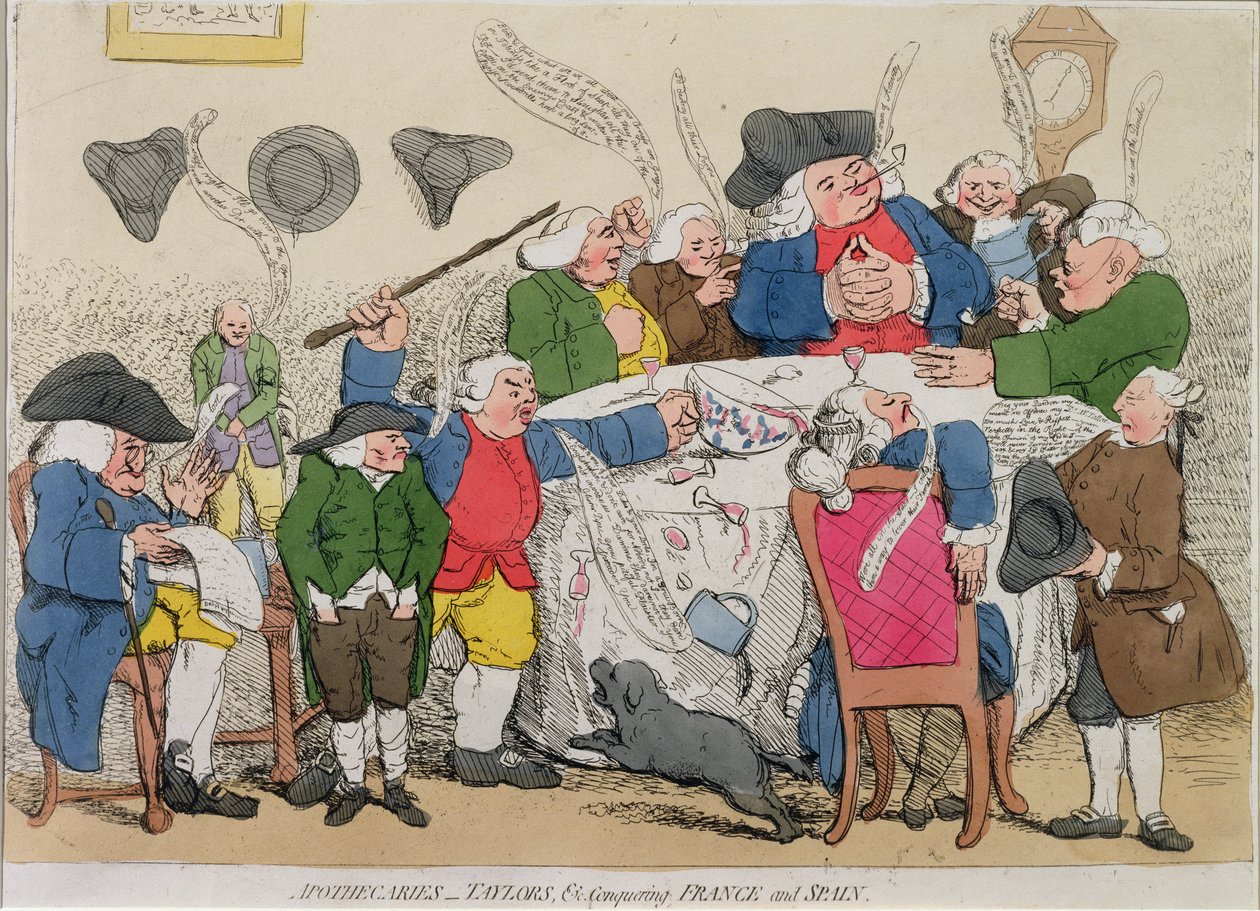 Boticários, Taylors & Co. conquistando a França e a Espanha (gravura à mão colorida) de English School