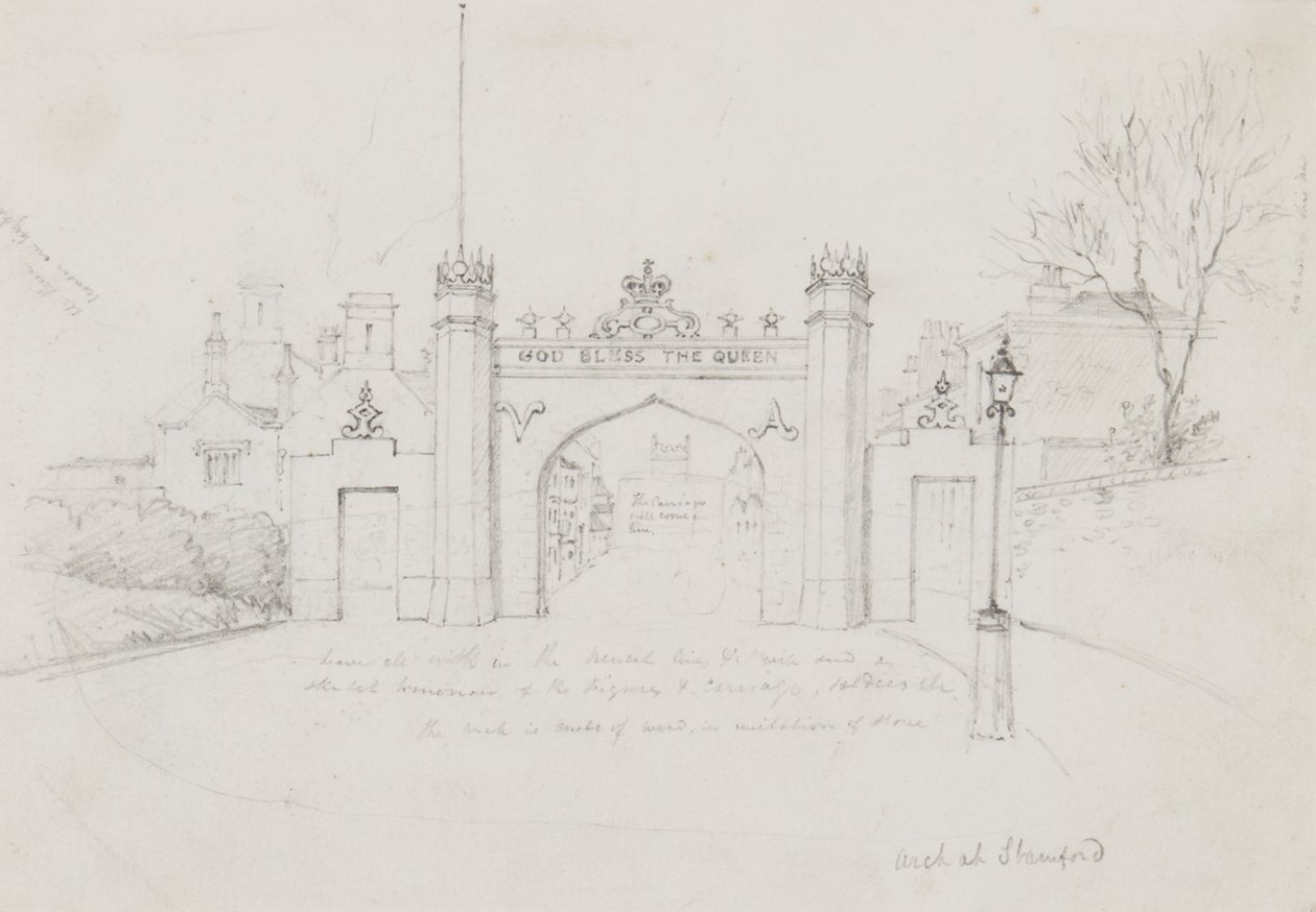 Arco em Stamford, erguido para receber a Rainha Victoria e o Príncipe Alberto a caminho da Casa Burghley (lápis sobre papel) de English School