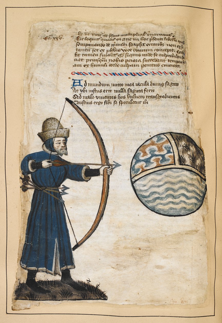 Archer (John Gower?) disparando flechas contra o mundo, para atingir os ímpios, ilustração de 