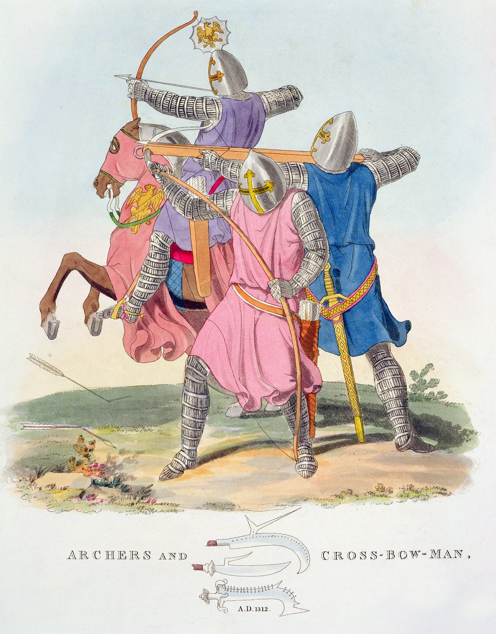 Arqueiros e um arqueiro-cruz, 1312, da Ancient Armor de Samuel Rush Meryrick, 1824 de English School