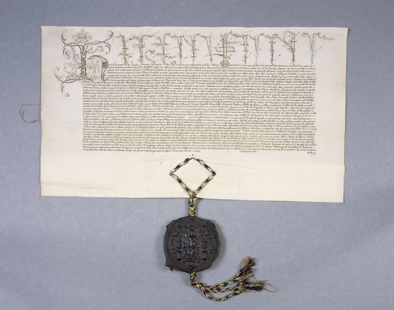 Arquivo 11980: Concessão de registro de carta pelo rei Henrique VI a New College Oxford das propriedades de Newton Longville, 1441 (tinta em pergaminho) de English School