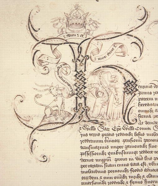 Arquivo 11980: H inicial condecorado, da concessão de um contrato de fretamento real pelo Rei Henrique VI para o New College Oxford das fazendas de Newton Longville de English School