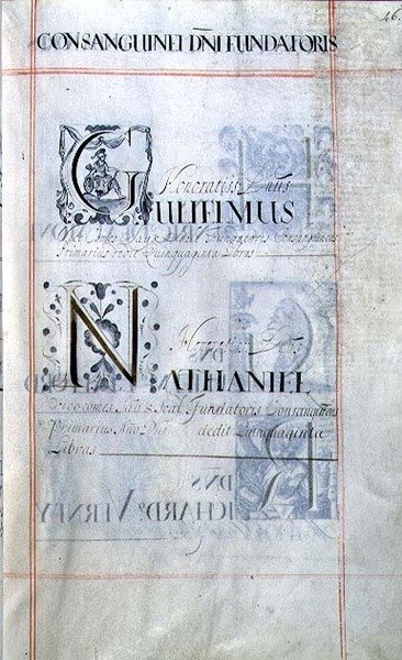 Arquivo 3693 f.46 Página listando três benfeitores do New College, Oxford: Gulielmus, Nathaniel, a partir de um Livro de Benefícios de English School