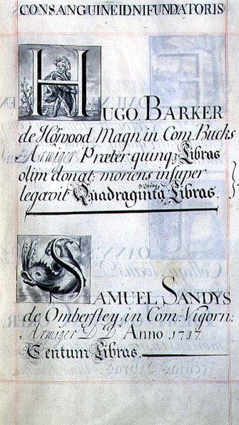 Arquivo 3693 f.48 Página com dois benfeitores do New College, Oxford; Hugo Barker e Samuel Sandys, de um Livro de Benefícios de English School