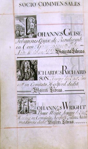 Arquivo 3693 f.60v Página listando três benfeitores do New College, Oxford; Johannes Guise, Richardus Richardson e Johannes Wright, de um Livro de Benefícios, 16812-84 (caneta e tinta) de English School