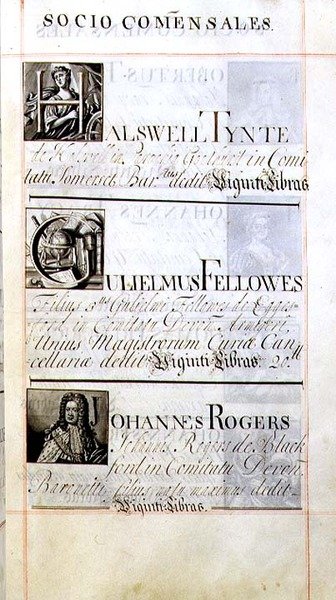 Arquivo 3693 f.63 Página com três benfeitores do New College, Oxford; Halswell Tynte, Gulielmus Fellowes e Johannes Rogers, de um Livro de Benefícios de English School