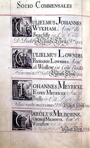 Arquivo 3693 f.94v Página com quatro benfeitoras do New College, Oxford; Gulielmus Johannes Wykham, Gulielmus Lowndes, Johannes Meyricke e Carolus Milborne de English School