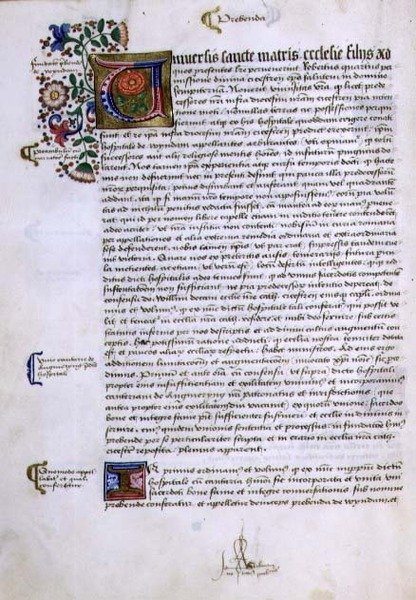 Arquivo 9432 f.17v Página de texto com inicial iluminada, do Livro de Fundações de Robert Sherborne ou Shirburn (c.1450-1536) Bispo de Chichester (vellum) de English School