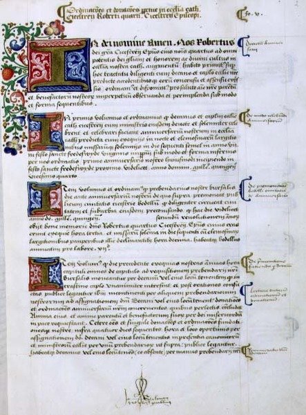 Arquivo 9432 f.5 Página de texto com "I" inicial iluminado, do Livro de Fundamentos de Robert de Sherborne ou Shirburn (c.1450-1536) Bispo de Chichester (vellum) de English School