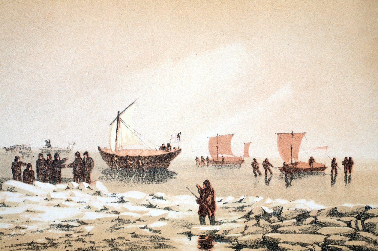 Viagem do Ártico, ilustração da viagem para a Baía de Baffins e o Estreito de Barrow ..., 1852 (gravura colorida à mão) de English School