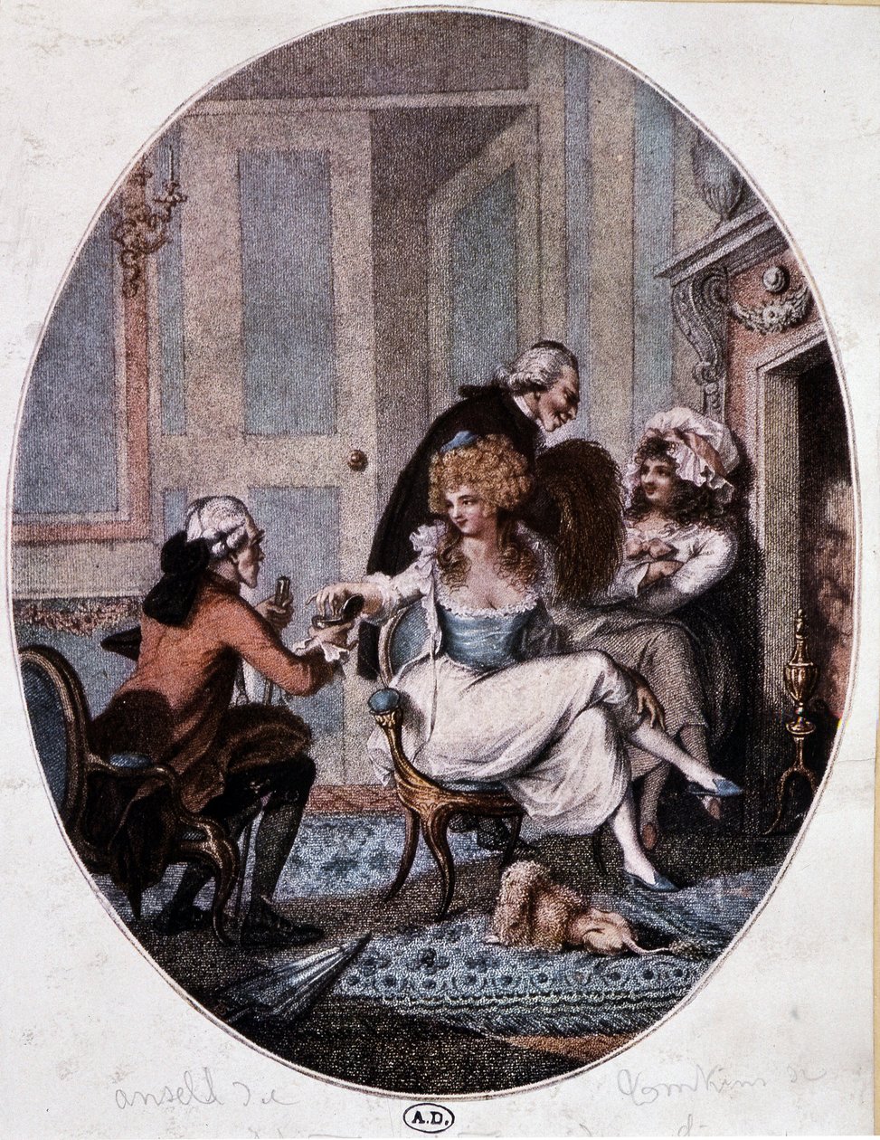 Aristocrata e cura na companhia de prostitutas - Gravura em inglês de English School