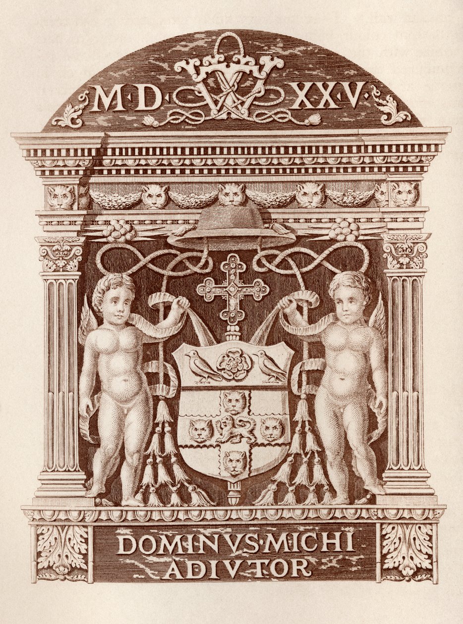 Armas do Cardeal Wolsey em terracota no Palácio Hampton Court, da História do Palácio Hampton Court em Tudor Times por Ernest Law, publicado em Londres 1885 de English School