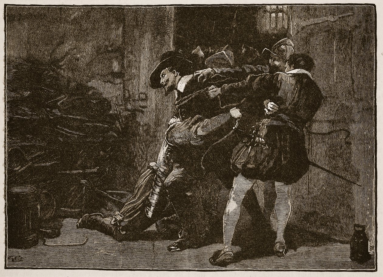 Detenção de Guy Fawkes, ilustração da História Ilustrada de Cassells da Inglaterra (foto sépia) de English School