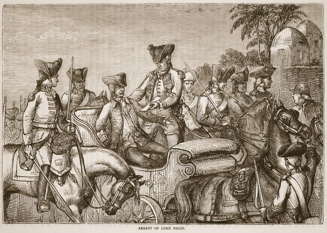 Apreensão de Lord Pigot, ilustração da história ilustrada de Cassells da Índia por James Grant, bar. 1879 de English School