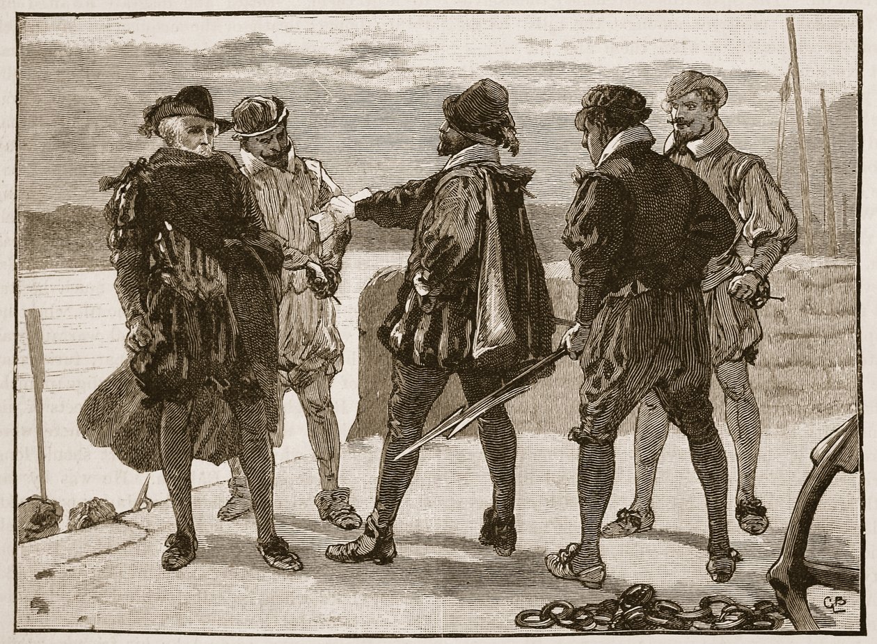 Detenção de Sir Walter Raleigh, ilustração de Cassells Illustrated History of England (foto em sépia) de English School