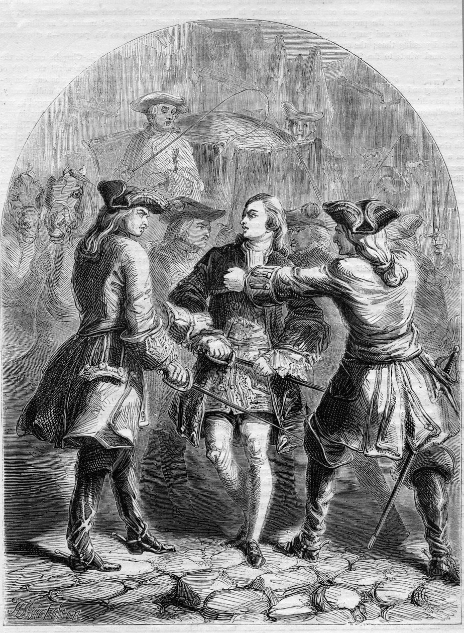 Detenção do jovem pretendente em Paris, ilustração de "História ilustrada de John Cassell na Inglaterra", c.1858 (gravura) de English School